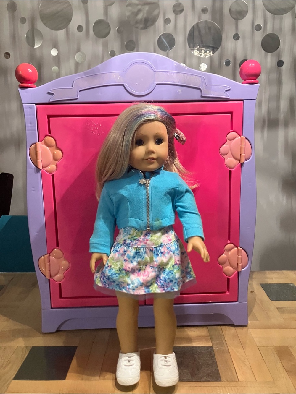 American Girl Bright Blue Jacket with Pastel Floral Skirt